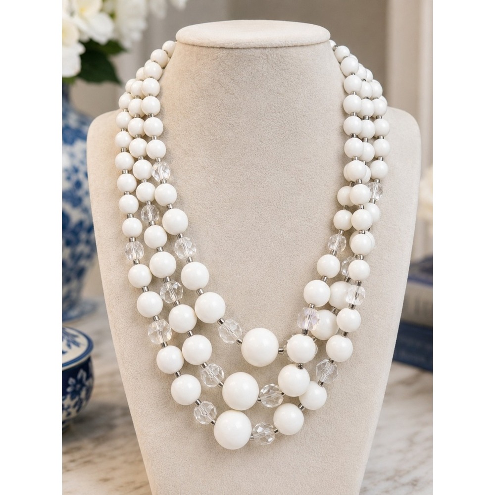 Vintage Japan Triple Strand White Milk Glass Bead Necklace AB Crystal Mid Ctry